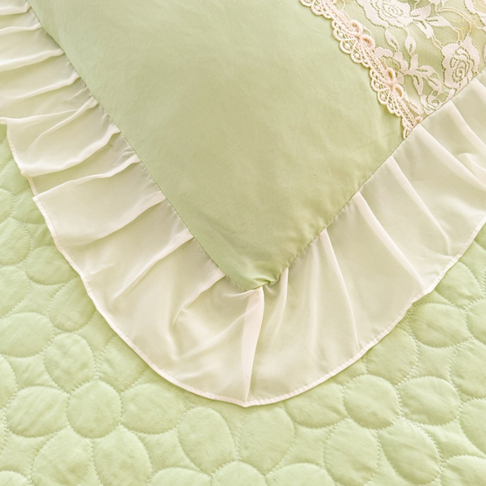 91家纺网 家纺一手货源 找家纺 2025韩版法式公主风水洗棉立体花绣花床盖款四件套蕾丝床盖款夏被四件套 法派甜心-薄荷绿