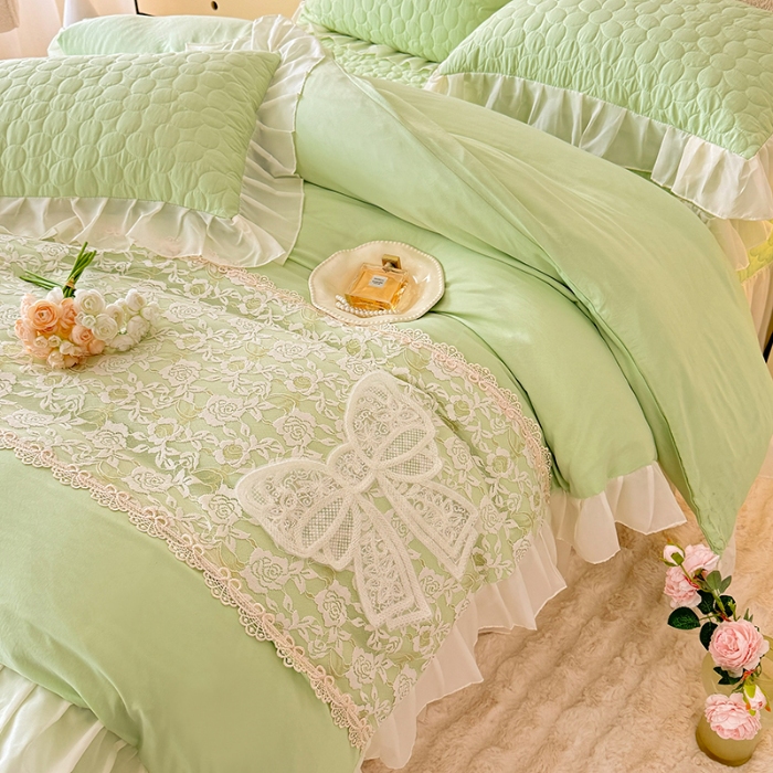 91家纺网 家纺一手货源 找家纺 2025韩版法式公主风水洗棉立体花绣花床盖款四件套蕾丝床盖款夏被四件套 法派甜心-薄荷绿