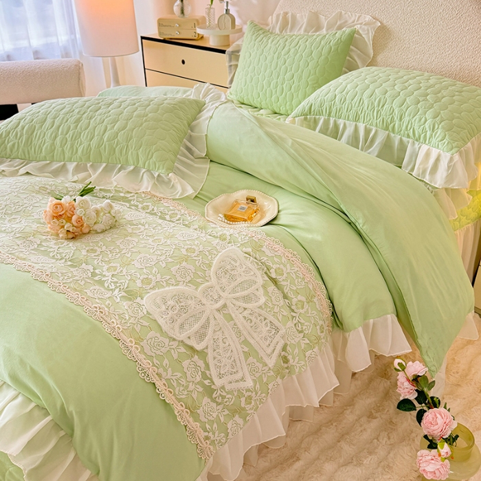91家纺网 家纺一手货源 找家纺 2025韩版法式公主风水洗棉立体花绣花床盖款四件套蕾丝床盖款夏被四件套 法派甜心-薄荷绿
