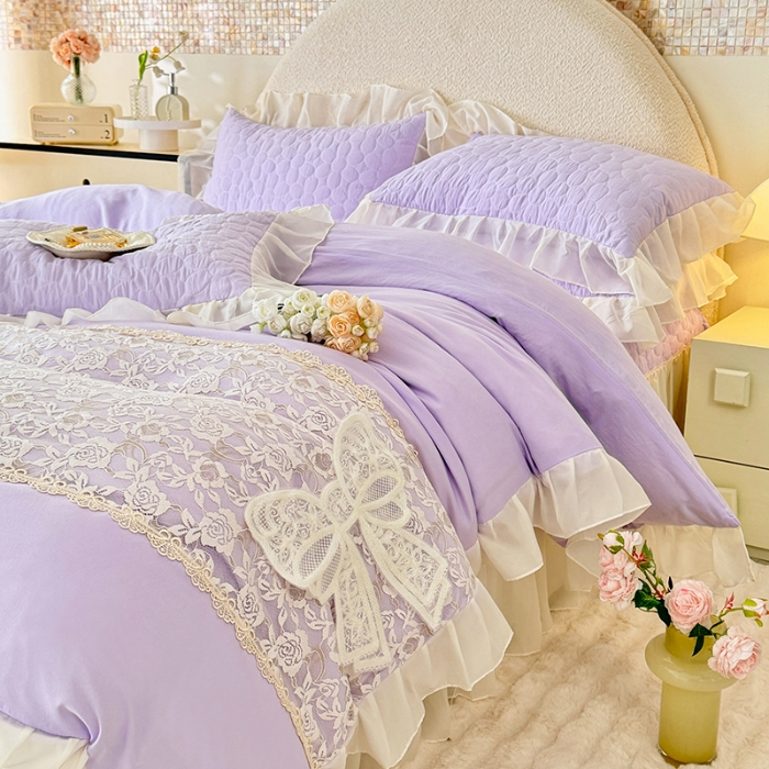 91家纺网 家纺一手货源 找家纺 2025韩版法式公主风水洗棉立体花绣花床盖款四件套蕾丝床盖款夏被四件套  法派甜心-梦幻紫