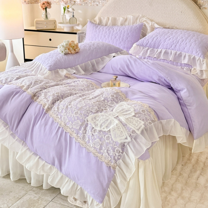 91家纺网 家纺一手货源 找家纺 2025韩版法式公主风水洗棉立体花绣花床盖款四件套蕾丝床盖款夏被四件套  法派甜心-梦幻紫