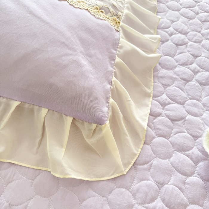 91家纺网 家纺一手货源 找家纺 2025韩版法式公主风水洗棉立体花绣花床盖款四件套蕾丝床盖款夏被四件套  法派甜心-梦幻紫