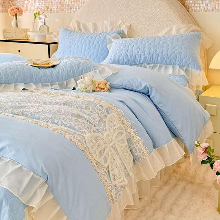 91家纺网 家纺一手货源 找家纺 2025韩版法式公主风水洗棉立体花绣花床盖款四件套蕾丝床盖款夏被四件套 法派甜心—婴儿蓝