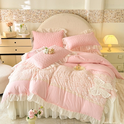 2025韩版法式公主风水洗棉立体花绣花床盖款四件套蕾丝床盖款夏被四件套  法派甜心—樱花粉 