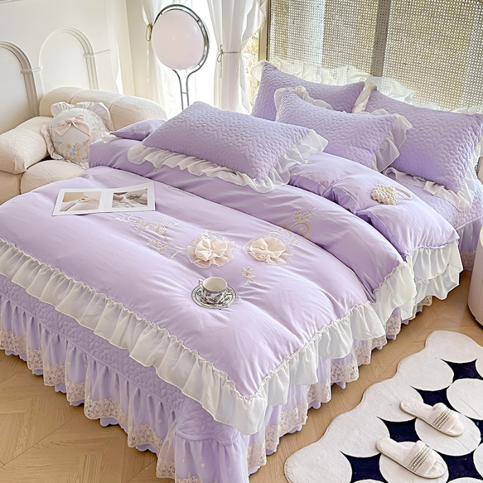 91家纺网 家纺一手货源 找家纺 2025韩版法式公主风水洗棉立体花绣花床盖款四件套蕾丝床盖款夏被四件套 玛奇朵—梦幻紫  