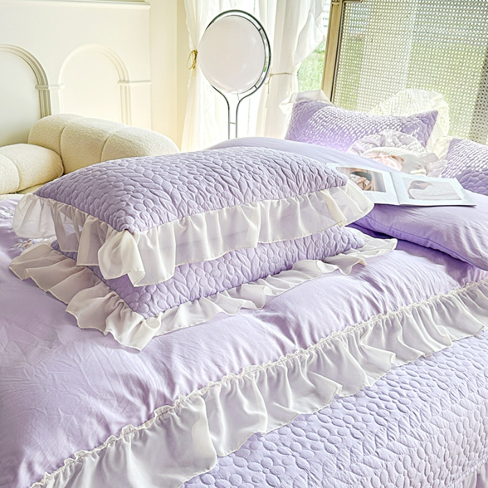 91家纺网 家纺一手货源 找家纺 2025韩版法式公主风水洗棉立体花绣花床盖款四件套蕾丝床盖款夏被四件套 玛奇朵—梦幻紫  