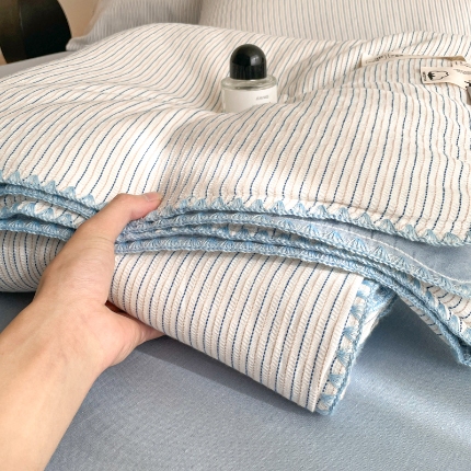 一加一 2025新款A类全棉华夫格色织提花娜雅醋酯纤维夏被四件套-简韵条 简韵条-蓝