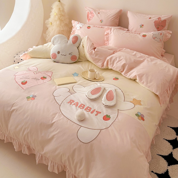 91家纺网 家纺一手货源 找家纺 （总）新款ins风全棉A类40s水洗棉贴布绣花四件套儿童三件套上下铺床套件