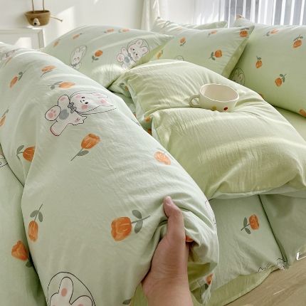 91家纺网 家纺一手货源 找家纺 （总）2025新洗水棉四件套ins萌兔卡通风亲肤磨毛学生三件套