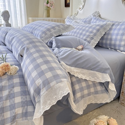 91家纺网 家纺一手货源 找家纺 （总）苏米娜家纺2025韩版复古花边针织双层纱四件套A类母婴级小竺棉泡泡棉水洗棉亲肤小清新纯棉印花全棉花边四件套