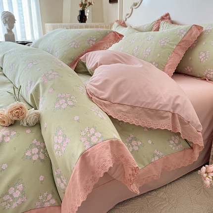 91家纺网 家纺一手货源 找家纺 （总）苏米娜家纺2025韩版复古花边针织双层纱四件套A类母婴级小竺棉泡泡棉水洗棉亲肤小清新纯棉印花全棉花边四件套