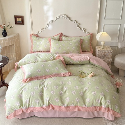 91家纺网 家纺一手货源 找家纺 （总）漫布云家纺2025韩版复古花边针织棉双层纱四件套A类母婴级有氧双层纱针织棉亲肤小清新印花