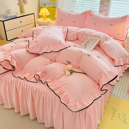 苏米娜2025春夏新品韩版超柔水洗棉蝴蝶结刺绣针织棉双层纱纯棉棉麻全棉小香风公主风床裙款四件套  蝶儿飞飞—樱花粉