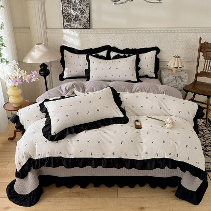 91家纺网 家纺一手货源 找家纺 （总）漫布云家纺法式A类母婴级针织双层纱床盖款四件套赫本风全棉纯棉麻泡泡棉小竺棉超柔水洗棉床单床盖款