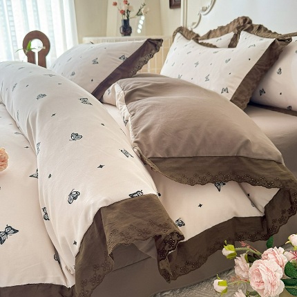 91家纺网 家纺一手货源 找家纺 （总）【苏米娜】2025春夏新款韩版复古花边A类有氧针织棉双层纱系列四件套