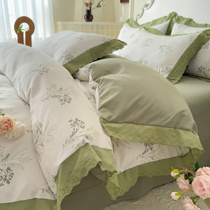 91家纺网 家纺一手货源 找家纺 （总）【苏米娜】2025春夏新款韩版复古花边A类有氧针织棉双层纱系列四件套