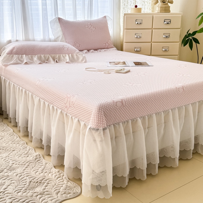 91家纺网 家纺一手货源 找家纺 小萌虎 2025新款A类冰块熊豆豆凉席床裙款 冰块熊-粉