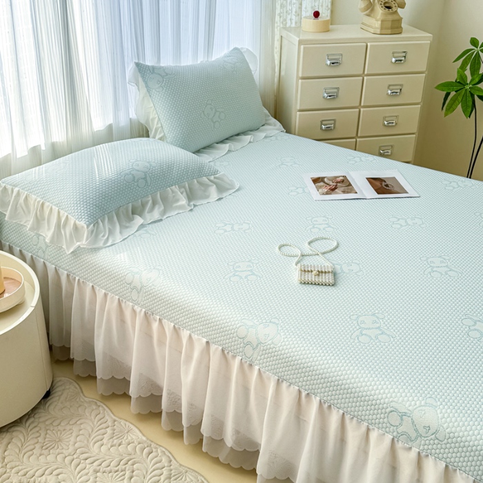 91家纺网 家纺一手货源 找家纺 小萌虎 2025新款A类冰块熊豆豆凉席床裙款 冰块熊-蓝