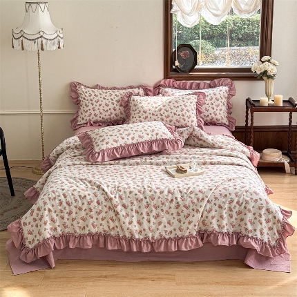 91家纺网 家纺一手货源 找家纺 (总）2025新款有氧双层纱法式花边夏被夏被四件套夏凉被子