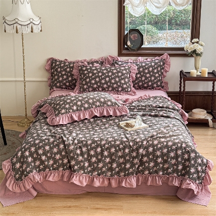 91家纺网 家纺一手货源 找家纺 (总）2025新款有氧双层纱法式花边夏被夏被四件套夏凉被子
