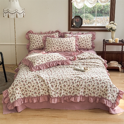 91家纺网 家纺一手货源 找家纺 (总）2025新款有氧双层纱法式花边夏被夏被四件套夏凉被子