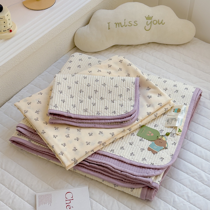 91家纺网 家纺一手货源 找家纺 赫梵茜 2025新款有氧针织双层纱单床盖床盖三件套床盖四件套 线条樱桃