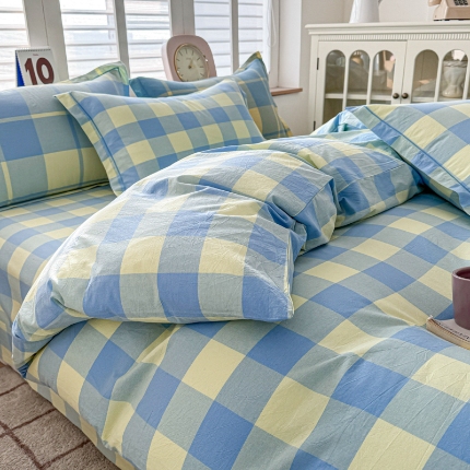 91家纺网 家纺一手货源 找家纺 喜四方 2025新款全棉色织水洗棉四件套 蓝黄中格