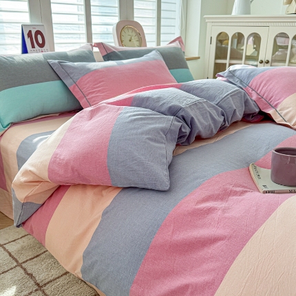 91家纺网 家纺一手货源 找家纺 喜四方 2025新款全棉色织水洗棉四件套 维娅粉