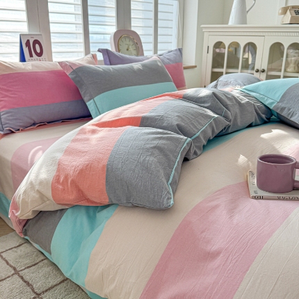 91家纺网 家纺一手货源 找家纺 喜四方 2025新款全棉色织水洗棉四件套 维娅