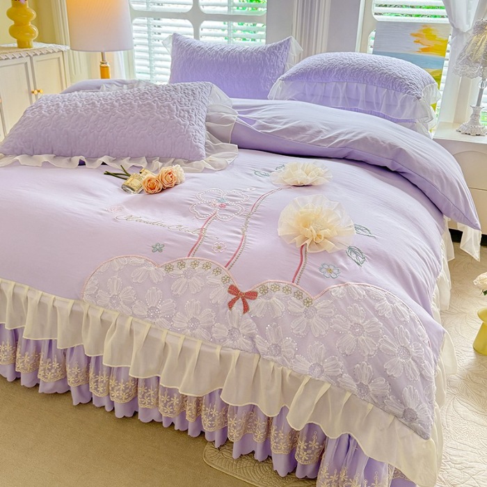 91家纺网 家纺一手货源 找家纺 苏米娜2026春夏新品韩版公主风超柔水洗棉床盖四件套刺绣针织棉双层纱纯棉棉麻全棉公主风床盖款四件套 秘密花园--梦幻紫