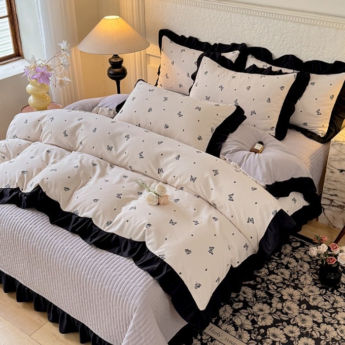 91家纺网 家纺一手货源 找家纺 苏米娜家纺2025春夏新款韩版复古花边A类有氧针织双层纱床盖款四件套赫本风小竺棉泡泡棉床盖款四件套 赫本风-蝶舞