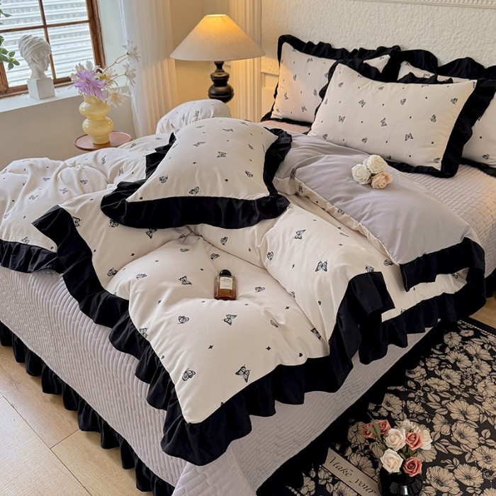 91家纺网 家纺一手货源 找家纺 苏米娜家纺2025春夏新款韩版复古花边A类有氧针织双层纱床盖款四件套赫本风小竺棉泡泡棉床盖款四件套 赫本风-蝶舞