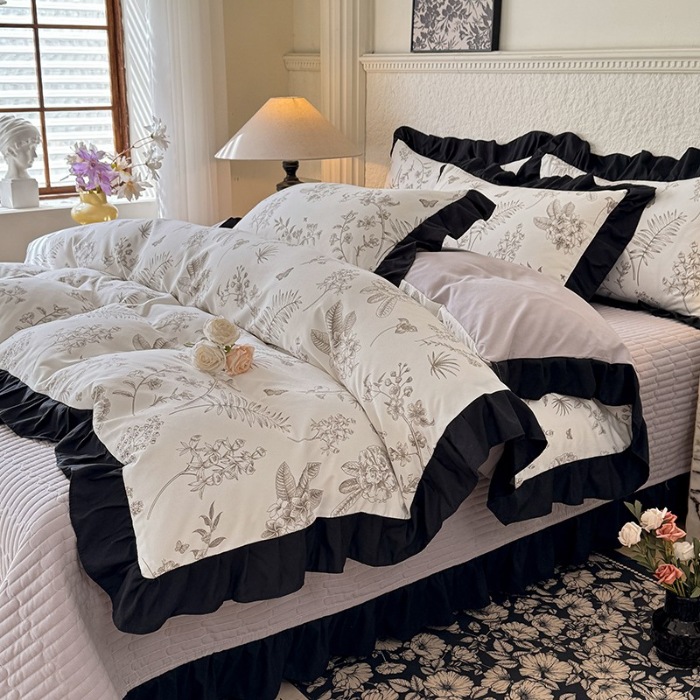 91家纺网 家纺一手货源 找家纺 苏米娜家纺2025春夏新款韩版复古花边A类有氧针织双层纱床盖款四件套赫本风小竺棉泡泡棉床盖款四件套 赫本风-繁花