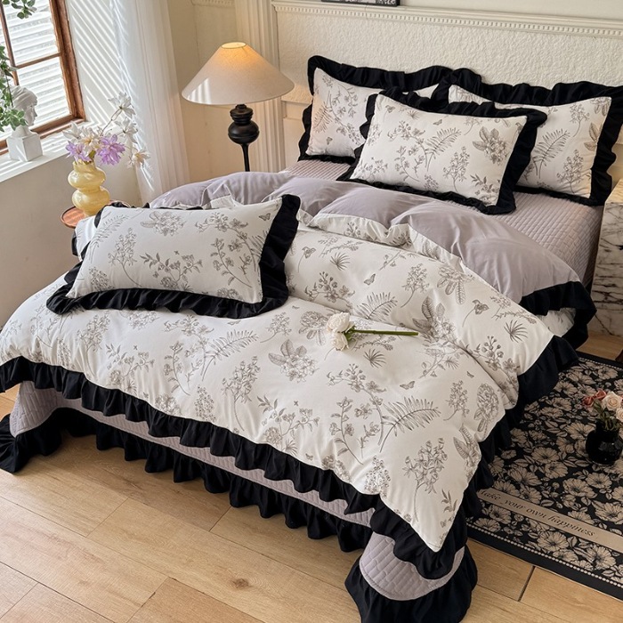 91家纺网 家纺一手货源 找家纺 苏米娜家纺2025春夏新款韩版复古花边A类有氧针织双层纱床盖款四件套赫本风小竺棉泡泡棉床盖款四件套 赫本风-繁花