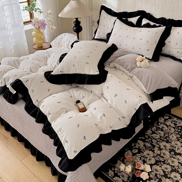 91家纺网 家纺一手货源 找家纺 苏米娜家纺2025春夏新款韩版复古花边A类有氧针织双层纱床盖款四件套赫本风小竺棉泡泡棉床盖款四件套 赫本风-蝴蝶结