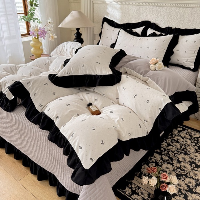 91家纺网 家纺一手货源 找家纺 苏米娜家纺2025春夏新款韩版复古花边A类有氧针织双层纱床盖款四件套赫本风小竺棉泡泡棉床盖款四件套 赫本风-蝴蝶结