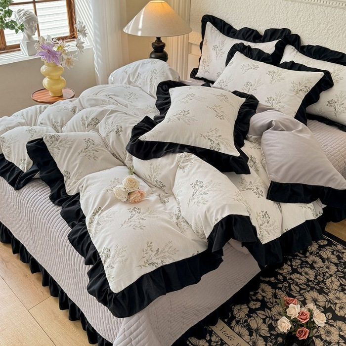 91家纺网 家纺一手货源 找家纺 苏米娜家纺2025春夏新款韩版复古花边A类有氧针织双层纱床盖款四件套赫本风小竺棉泡泡棉床盖款四件套 赫本风-仙草