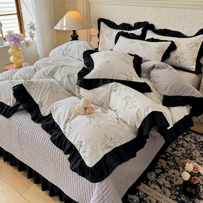 91家纺网 家纺一手货源 找家纺 苏米娜家纺2025春夏新款韩版复古花边A类有氧针织双层纱床盖款四件套赫本风小竺棉泡泡棉床盖款四件套 赫本风-仙草