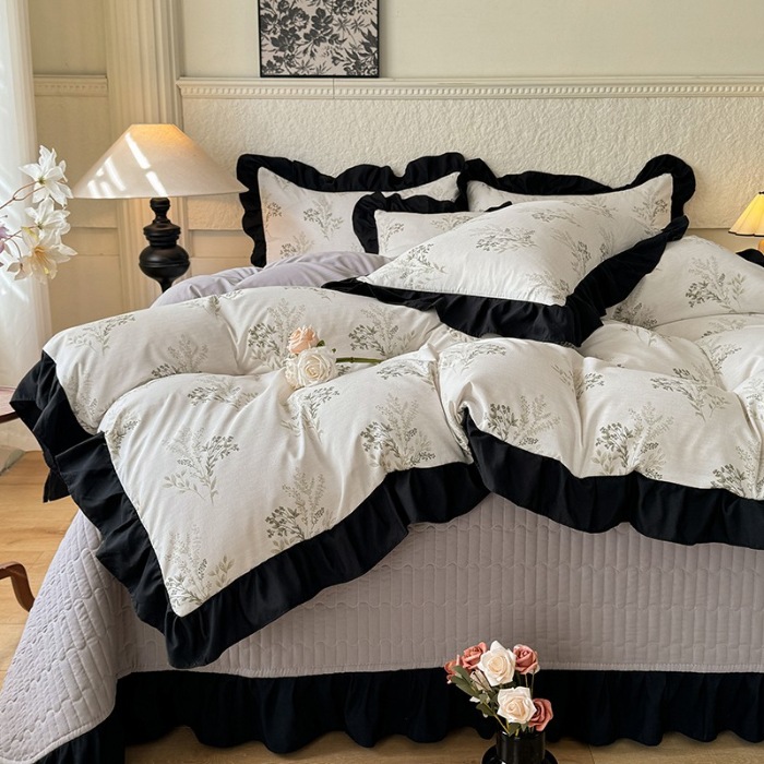 91家纺网 家纺一手货源 找家纺 苏米娜家纺2025春夏新款韩版复古花边A类有氧针织双层纱床盖款四件套赫本风小竺棉泡泡棉床盖款四件套 赫本风-仙草