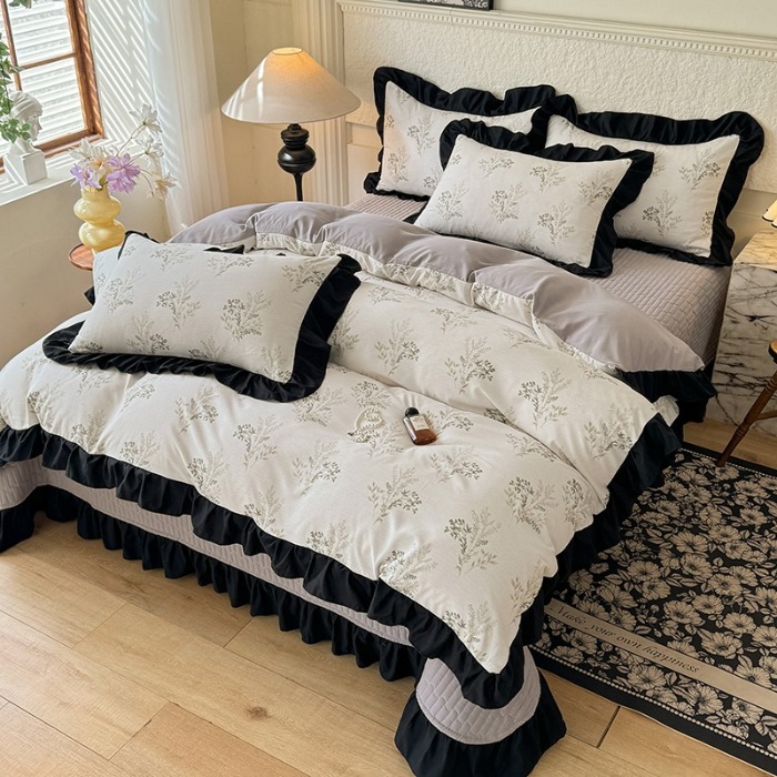 91家纺网 家纺一手货源 找家纺 苏米娜家纺2025春夏新款韩版复古花边A类有氧针织双层纱床盖款四件套赫本风小竺棉泡泡棉床盖款四件套 赫本风-仙草