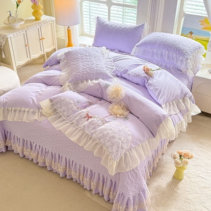 苏米娜2025春夏新品韩版甜美公主风超柔水洗棉床盖四件套刺绣针织棉双层纱纯棉棉麻全棉公主风床盖款四件套 秘密花园-梦幻紫