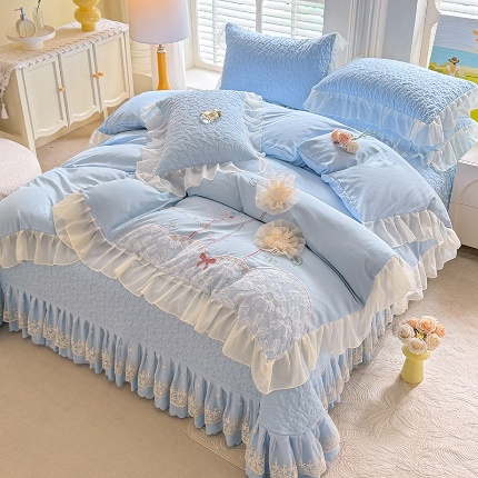 苏米娜2025春夏新品韩版甜美公主风超柔水洗棉床盖四件套刺绣针织棉双层纱纯棉棉麻全棉公主风床盖款四件套 秘密花园-婴儿蓝