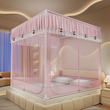 91家纺网 家纺一手货源 找家纺 （总）2025新款花边蚊帐儿童防摔三开门高雅加粗支架蒙古包婴儿防止掉床床笠回底