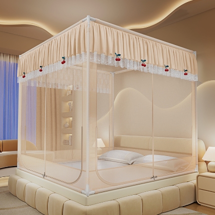 91家纺网 家纺一手货源 找家纺 （总）2025新款花边蚊帐儿童防摔三开门高雅加粗支架蒙古包婴儿防止掉床床笠回底