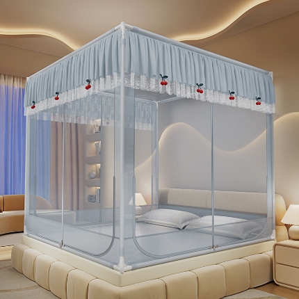 91家纺网 家纺一手货源 找家纺 （总）2025新款花边蚊帐儿童防摔三开门高雅加粗支架蒙古包婴儿防止掉床床笠回底