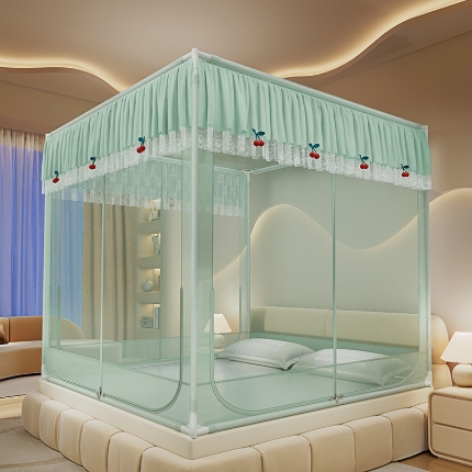 91家纺网 家纺一手货源 找家纺 （总）2025新款花边蚊帐儿童防摔三开门高雅加粗支架蒙古包婴儿防止掉床床笠回底