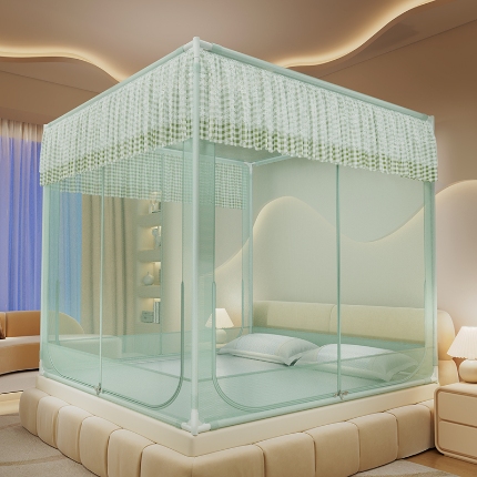 91家纺网 家纺一手货源 找家纺 （总）2025新款花边蚊帐儿童防摔三开门高雅加粗支架蒙古包婴儿防止掉床床笠回底