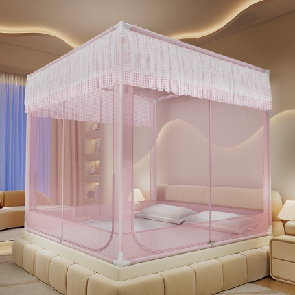 91家纺网 家纺一手货源 找家纺 （总）2025新款花边蚊帐儿童防摔三开门高雅加粗支架蒙古包婴儿防止掉床床笠回底