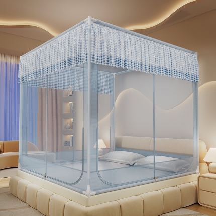 91家纺网 家纺一手货源 找家纺 （总）2025新款花边蚊帐儿童防摔三开门高雅加粗支架蒙古包婴儿防止掉床床笠回底