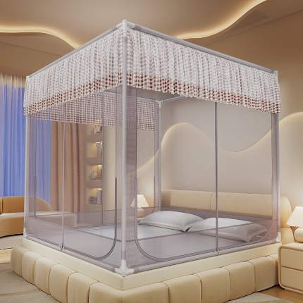 91家纺网 家纺一手货源 找家纺 （总）2025新款花边蚊帐儿童防摔三开门高雅加粗支架蒙古包婴儿防止掉床床笠回底